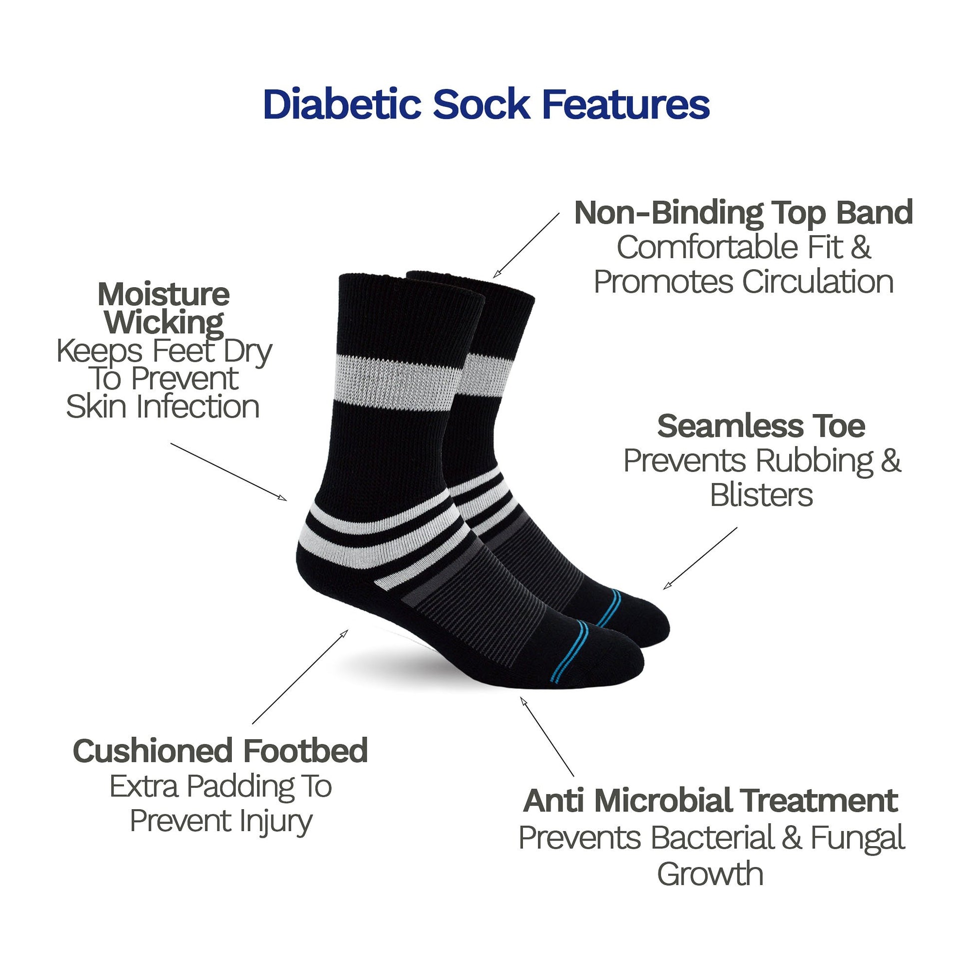 Features - Diabetic Socks for Men, Diabetic Socks For Women, Neuropathy, Non Binding, Seamless - Black Stripe